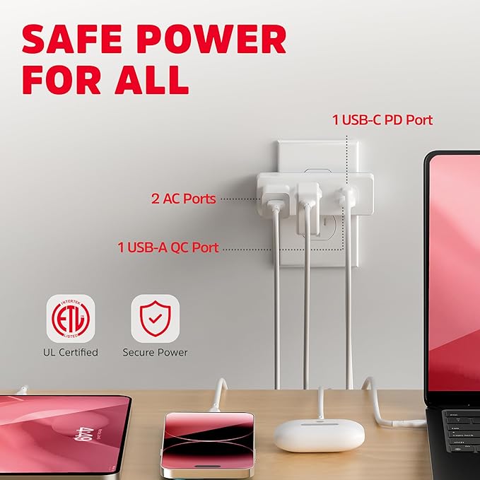 Energizer 2 Packs of 4 Device Fast Charging Multi Plug Wall Outlet Extender (2) AC Power Outlets (1) 20W PD Type C Port (1) 18W USB A Port Power Strip Expander Outlet Splitter Plug in Adapter