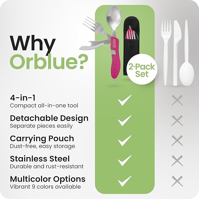 Orblue 4-in-1 Camping Eating Utensils, 2-Pack - Portable Spoon, Fork, Knife & Bottle Opener Combo Set - Stainless Steel Flatware with Detachable Fork - Travel, Backpacking Cutlery Multitool, Hot Pink