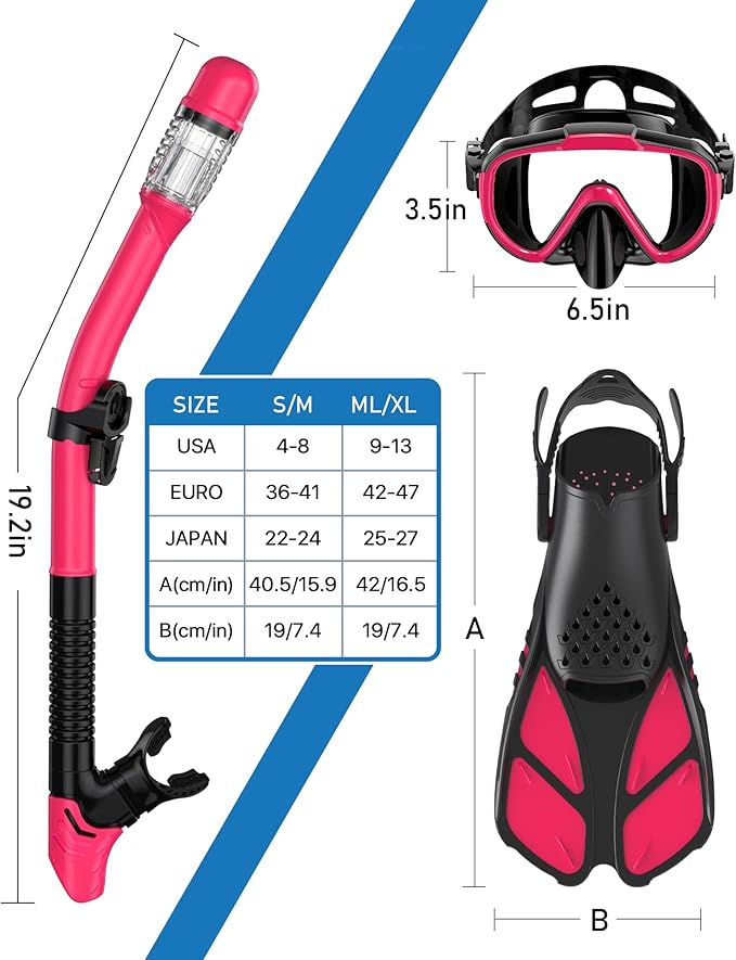 Snorkeling Gear for Adults Men Women,4 in 1 Snorkel Set with Panoramic View Diving Mask Anti-Fog Anti-Leak,Dry Top Snorkel,Fins and Travel Bag for Swimming,Snorkeling and Travel Diving