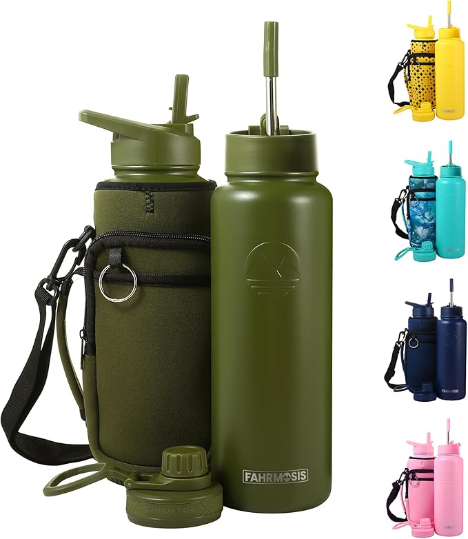 40 Oz Water Bottle with Strap Stainless Steel Sports Water Bottle with 3 Lids (Straw, Chug and Flip Lid) Insulated Leak Proof Metal Jug for Men & Women - Army Green