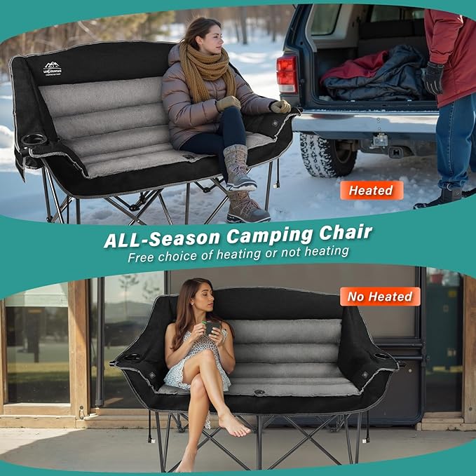 Heated Double Camping Chairs,3 Heat Levels Padded Portable Loveseat w/Wine Glass Holder,Cup Holder,Heating Outdoor Camp Couch Support 600 Lbs,Black,Battery NOT Included