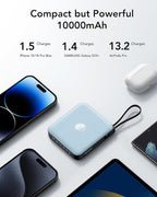 VRURC 10000mAh Portable Charger for iPhone with Built-in Cables, PD 20W Fast Charging Power Bank, Battery Pack for iPhone 16 15 14 13 Samsung Galaxy S25 S24 Series Android, Blue(1 Pack)