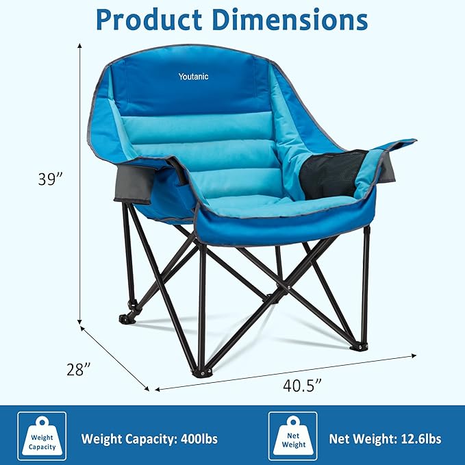 Oversized Camping Chair, Portable Folding Camping Chairs with Side Pocket, Cup Holder and Carry Bag, Heavy Duty Outdoor Camping Chairs for Adults, Fishing, Sports, Trip, up to 400lbs, Style 1