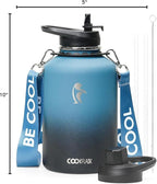 Coolflask 64 oz Water Bottle Insulated with Strap, Half Gallon Water Jug Stainless Steel with Straw & Spout Lids, Metal Large Water Flask, Keep Cold 48h Hot 24h, Leak Proof & Non-BPA, Prussian Blue