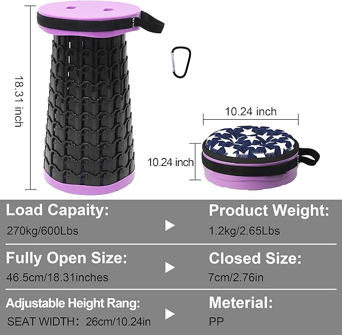 ALEVMOOM Collapsible Stool with Cushion, H18.3 D10.24 Portable Telescoping More Sturdy Load Capacity 600Lbs, Retractable Adjustable Camping Folding Stool for Outdoor Hiking BBQ Climb