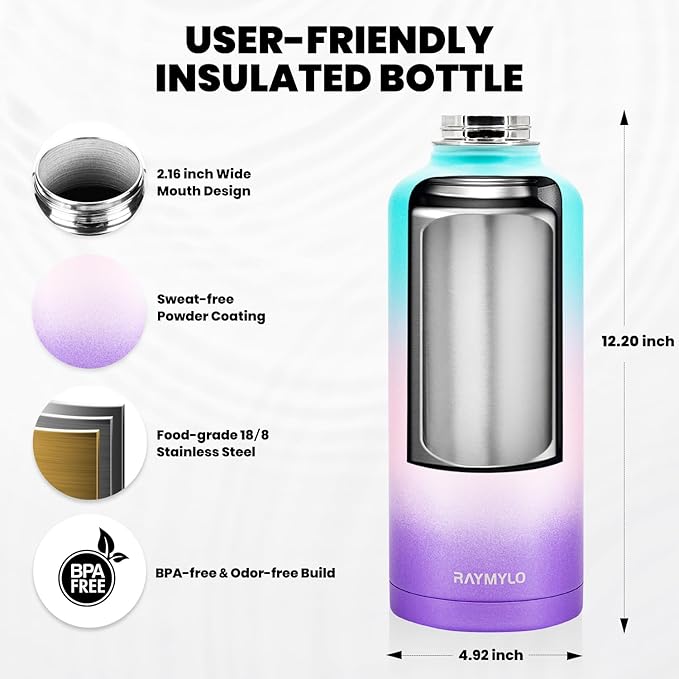Insulated Water Bottle 87 oz, Triple Wall Vacuum Stainless Steel (Cold for 48 Hrs), Leak Proof & Non-BPA, Modern Water Flask Jug with Paracord Handle & Straw Spout Lids, Hydrangea