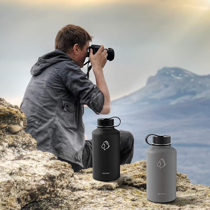 BUZIO 64oz Water Bottle Insulated Stainless Steel (Cold for 48 Hrs/Hot for 24 Hrs) BPA Free Double Wall Travel Mug/Flask for Outdoor Sports Hiking, Cycling, Cam,Camping, Running- Graphite