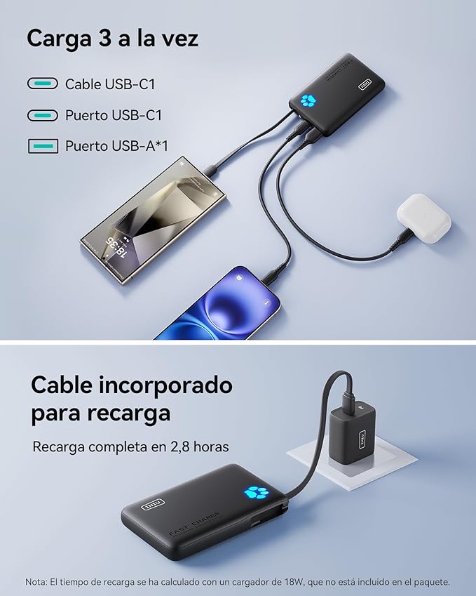 INIU Portable Charger, Slim 10000mAh Power Bank with Build in USB-C Cable, 45W Fast Charging Mini Battery Pack, Travel Trip Flight Cruise Ship Essentials for College Student Travelers Boy Girl, Orange