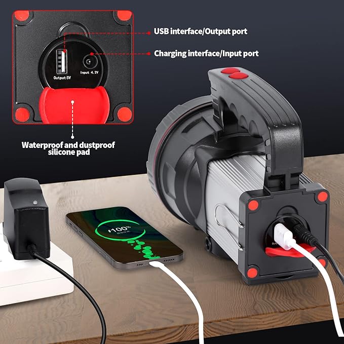 Superbright LED Handheld Searchlight Tactical Waterproof Spotlight High Power Rechargeable Flashlights with Side Light USB Power Charger (White Light)