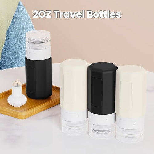 2 oz Travel Bottles, Small Size Containers, TSA Approved Silicone Travel Toiletries Bottles, Shampoo and Conditioner Kit for Women (Black-white)