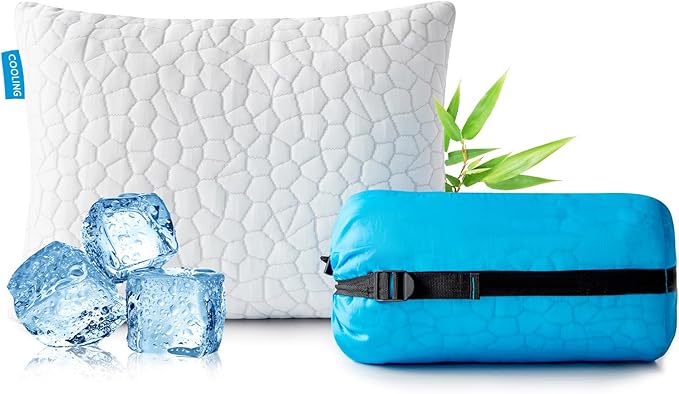 Travel Pillow Camping Pillow Small CoolingShredded Memory Foam Pillow, Compressible Medium Firm, Breathable Cover, Ideal Backpacking Hiking, Airplane and Car