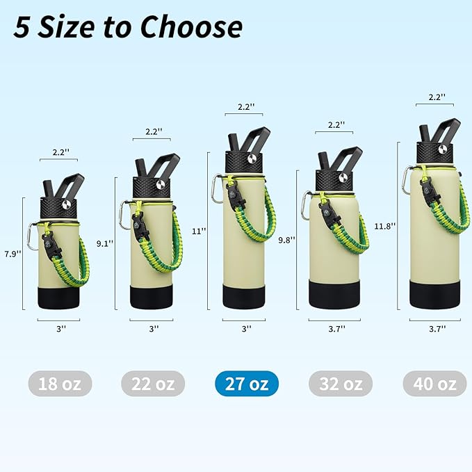 BJPKPK 27oz Insulated Water Bottles with 3 Lids, Paracord Handle & Non-slip Boot, Stainless Steel Metal Water Bottle with Straw, BPA Free Thermo, Tumblers,Macaron Green