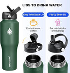 SENDESTAR 32oz Water Bottle Wide Mouth Stainless Steel Vacuum Insulated Double Wall with 2 Straw Lids Fit in Any Car Cup Holder TXIN-32-Dark Green