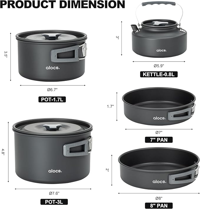 Alocs 17pcs Camping Cookware Set - Lightweight Camping Cookware Mess Kit for 2 - Portable Outdoor Cookware with Kettle - Camping Pots and Pans Set with Stainless Steel Cups Plates Forks Knives Spoons