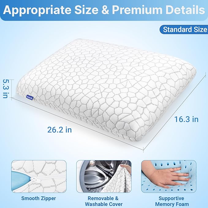 Memory Foam Pillows, Bed Pillow for Side,Back and Stomach Sleepers,Neck Pillow for Sleeping with Removable and Machine Washable Cover, Standard Size (1 Pack)