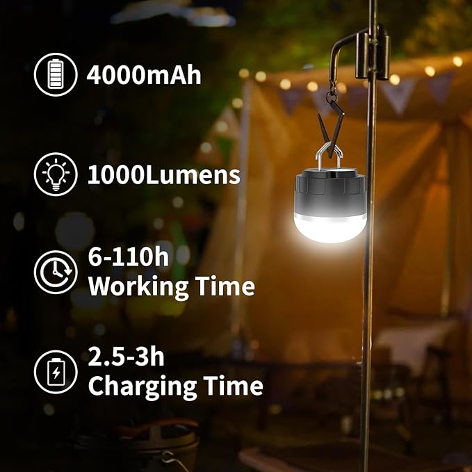 LED Camping Lantern Rechargeable, 1000LM Portable Tent Light with 3 Color Lighting Modes, Power Bank, Waterproof, Mini Flashlight with Magnetic Base for Emergency, Power Outages, Hiking, Home