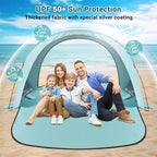 Beach Tent Sun Shelter, Beach Tent with Beach Mat Set, 4 Person Portable Beach Shade Canopy with UPF 50＋ UV Protection, Dual-Door Ventilation Design, Easy Setup Family Beach Umbrella (Green)