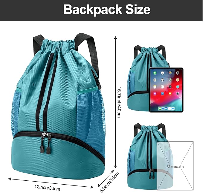 Hoedia Sports Drawstring Backpack - String Swim Gym Bag with Shoes Compartment and Wet Proof Pocket for Women and Men