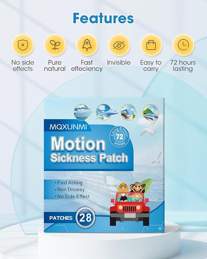 Motion Sickness Patches, 28 pcs No-Drowsy Sea Sickness Patches for Car Sickness, Air Sickness and Travel Patch, Fast Effective, Up to 72 Hours