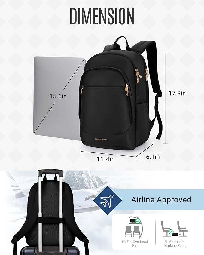 LIGHT FLIGHT Travel Backpack for Women, 15.6 Inch Laptop Backpack with USB Charging Hole, Water Resistant College Bookbag, Large Capacity Black Computer Backpacks for Work, Black