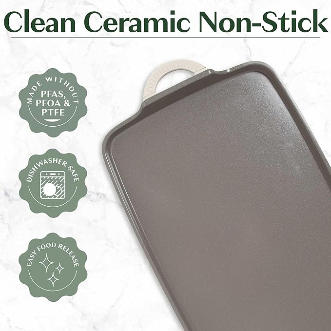 Goodful All-in-One Double Burner Griddle, Ceramic Nonstick, Durable Cast Aluminum, Oven Safe and Dishwasher Safe, Made without PFAS, PFOA, PFOS & PTFE, 18-Inch x 11-Inch, Linen