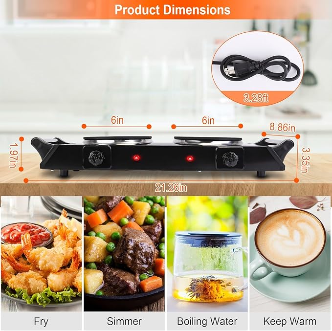 Hot Plate, 2000W Portable Electric Stove for Cooking with Stay Cool Handles & 5 Levels Adjustable Temperature, Countertop Double Coil Burner for RV Home Camp Compatible for All Cookwares,Black