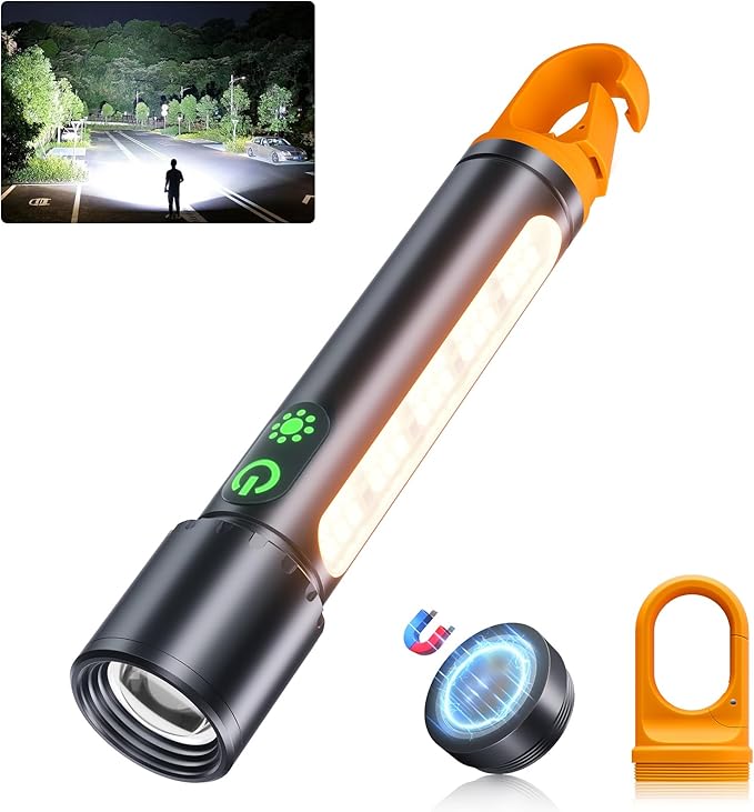 Magnetic Flashlight Rechargeable,2000LM 5000mAh Flashlights High Lumens with 9 Modes,Waterproof, Adjustable,Powerful Flash Light,Multi-Flashlights for Home,Car,Hiking,Camping