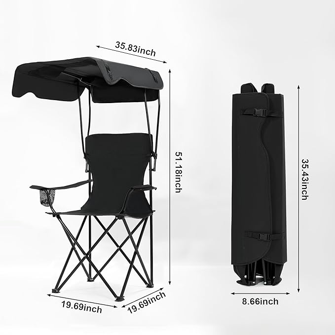 Folding Camping Chair with Canopy, Portable Outdoor Beach Chair for Fishing, BBQ, Picnic, Backyard, Lightweight Sun Shade Chair with Cup Holder, Black