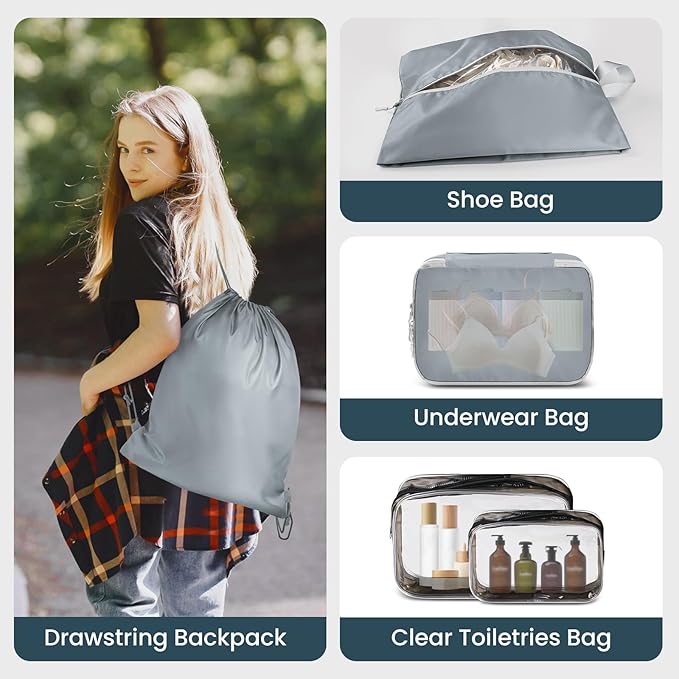 10 Set Compression Packing Cubes, Lightweight Travel Essentials, Stretchable Expandable Storage Bags, Compression Bags for Travel Accessories Luggage Storage Set (10 Pcs, Grey)