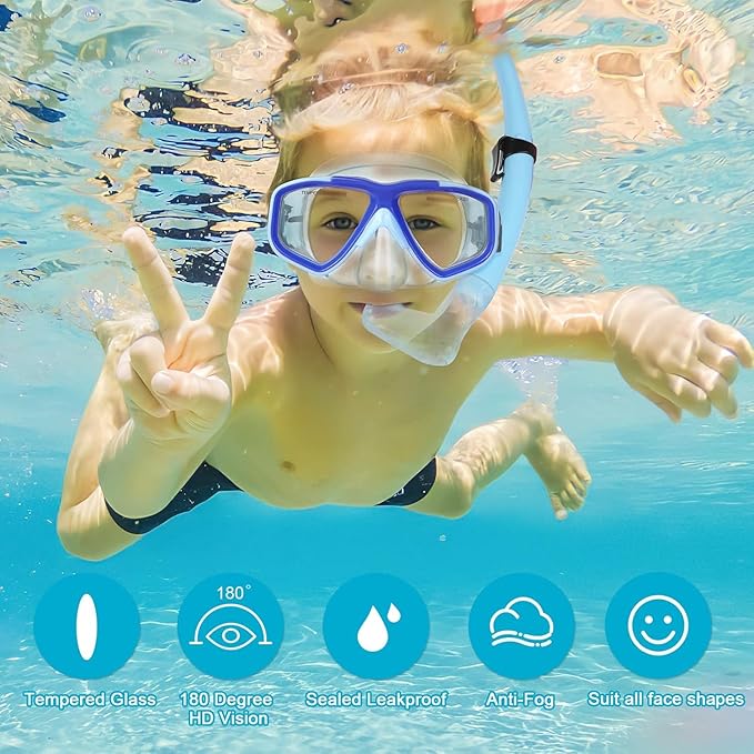 Youth Snorkel Set for Ages 7-16, Snorkeling Gear for Kids with Panoramic View Mask Anti-Fog Anti-Leak Full Dry Top Snorkel Fins Travel Bag for Swimming Diving