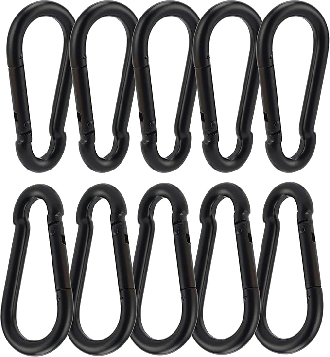 3 Inch Carabiner Spring Snap Hook Steel Clip Link Buckle Heavy Duty 8x80mm 10 Pcs for Outdoor Camping Hiking Hammock Swing, Black