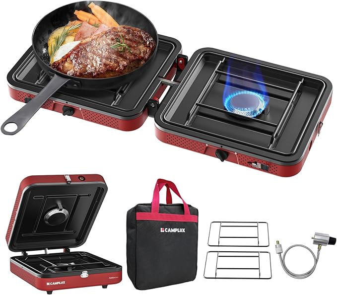 CAMPLUX FoldGo 2 Burner Portable Camping Stove 17,200 BTU, Foldable Propane Stove for Outdoor Cooking with Carry Bag, Portable Gas Stove with 2 Adjustable Burners, Red