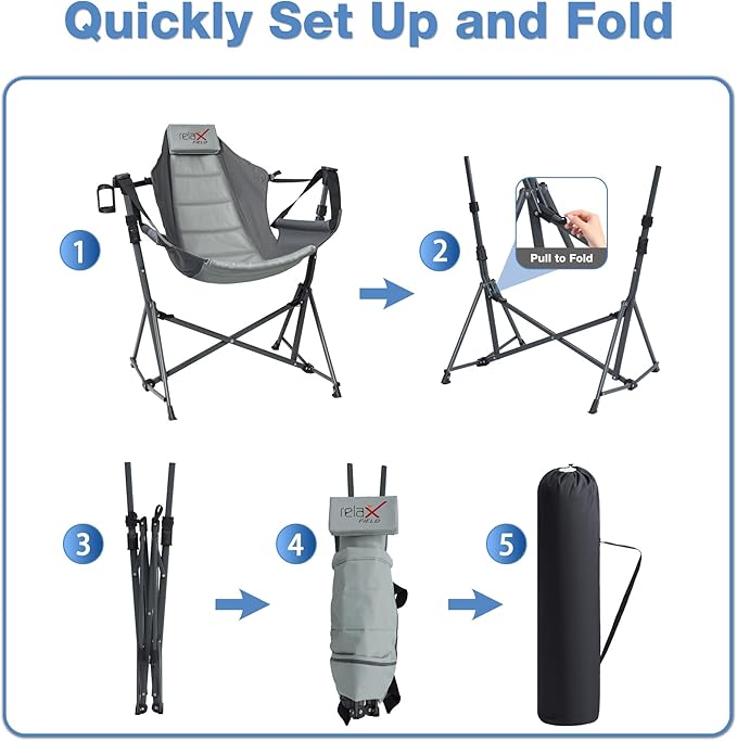 Hammock Camping Chair, 3 Heights Swinging Chair with Adjustable Backrest, Folding Rocking Chair with Head Pillow&Cup Holder, Outdoor Chair for Camping and Hiking, Supports 350lbs, Grey