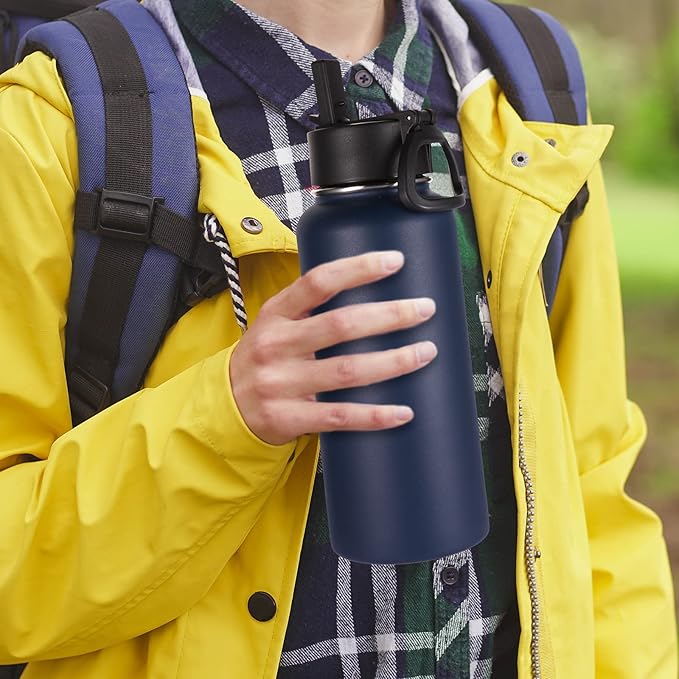 Volhoply 32 oz Insulated Water Bottles Bulk 8 Pack with Straw Lid & Spout Lid,Stainless Steel Sports Water Bottle,Double Wall Vacuum Cups,Leakproof Wide Mouth Metal Flask for Hiking,Camping(Mix,8)