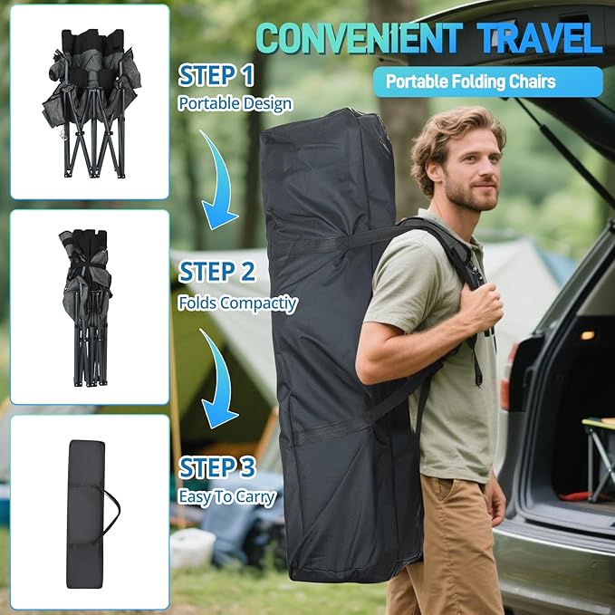 Oversized High-Back Camping Chairs with Pillow, Dual Cup Holders & Cooler Bag - Heavy Duty Foldable Outdoor Chair for Adults4PC (1, BLACKGREY-3PC-SET)