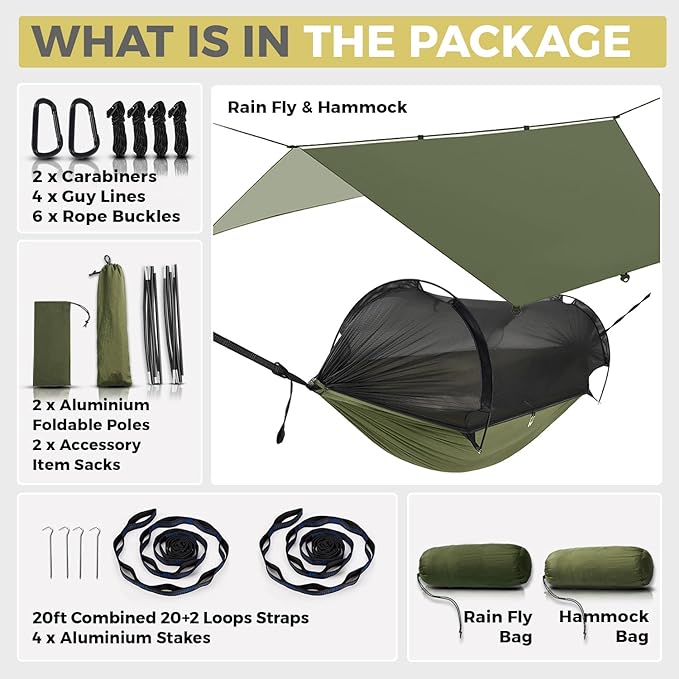 ADVOKAIR Camping Hammock with Mosquito Net and Rain Fly, Up to 500lbs, Ultralight and Portable Nylon Travel Hanging Hammock with Tree Straps, Perfect for Outside, Backpacking, Hiking and Backyard