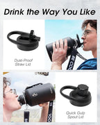 Coolflask 64oz Insulated Water Bottle with Strap, Half Gallon Large Water Jug with Straw & Spout Lids, Double Wall Stainless Steel Metal Flask, Keep Cold 48h Hot 24h, Leak Proof&Non-BPA, Magic Black