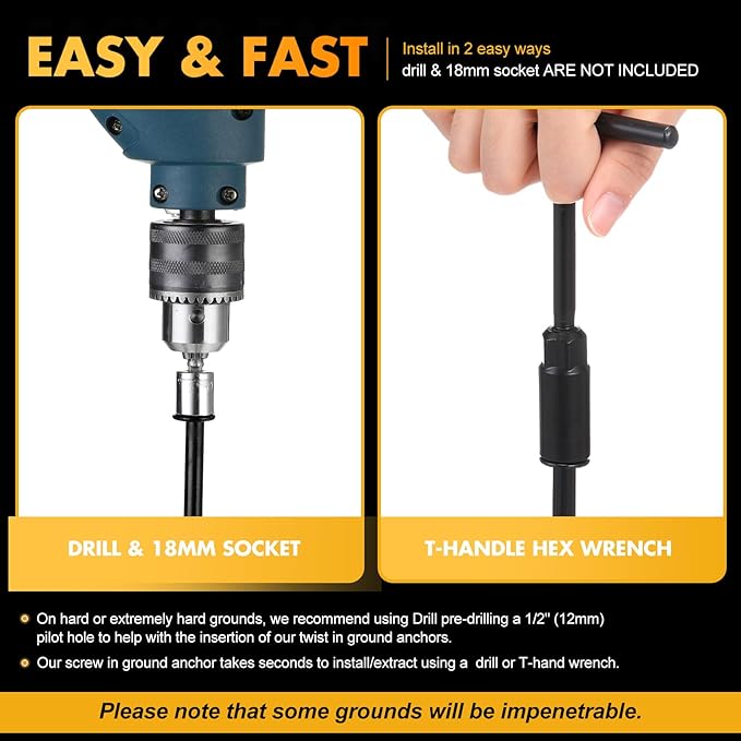 Hiboom Ground Anchor Screw Heavy Duty Earth Anchors Tent Stakes for High Wind with T Handle Hex Wrench Trampoline Hook Ground Stakes for Camping Canopies Car Ports Sheds