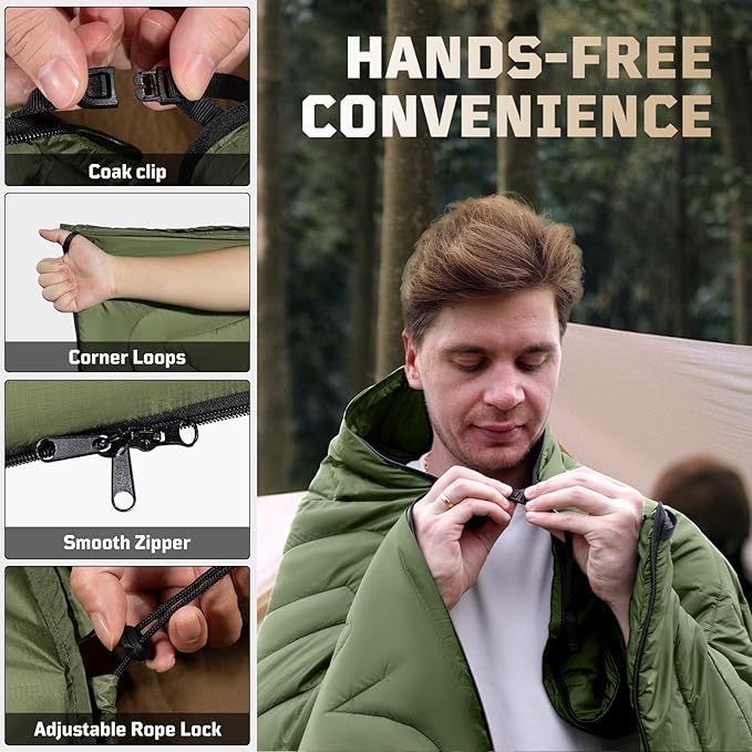 Camping Blanket, Packable, Lightweight Camp Quilt with Zipper, Multifunctional Outdoor Sleeping Blanket for Backpacking, Travel, Stadium, Beach