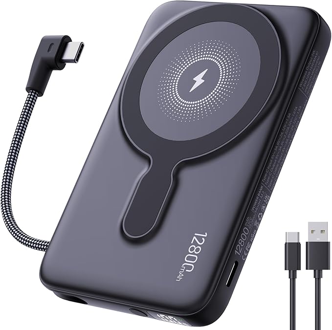 2025 Updated M3 Ultra Slim 0.4'' Wireless Power Bank, 12800mAh Magnetic Portable Charger with Built in Cable and Strap, LED Battery Pack Travel Essentials for iPhone 16/15/14/13/12/Pro/Pro Max Andriod