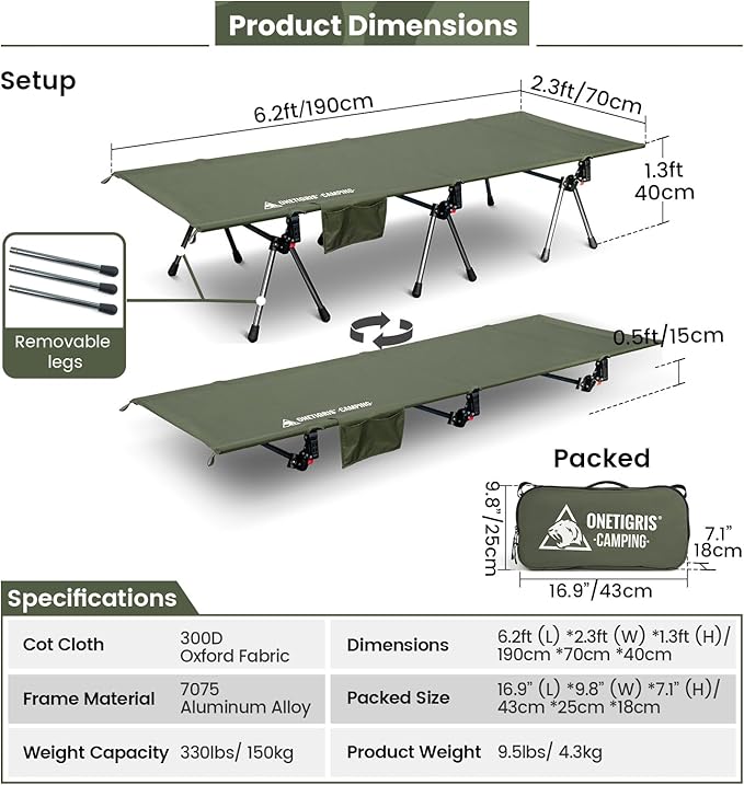 ONETIGRIS SUPRANUBIS Camping Cot, Height Adjustable with Cot Leg Extenders, Strong Support 330lbs, Lightweight Comfortable Folding Bed for Camping, Hiking, Travel, Truck, Beach, Office Nap