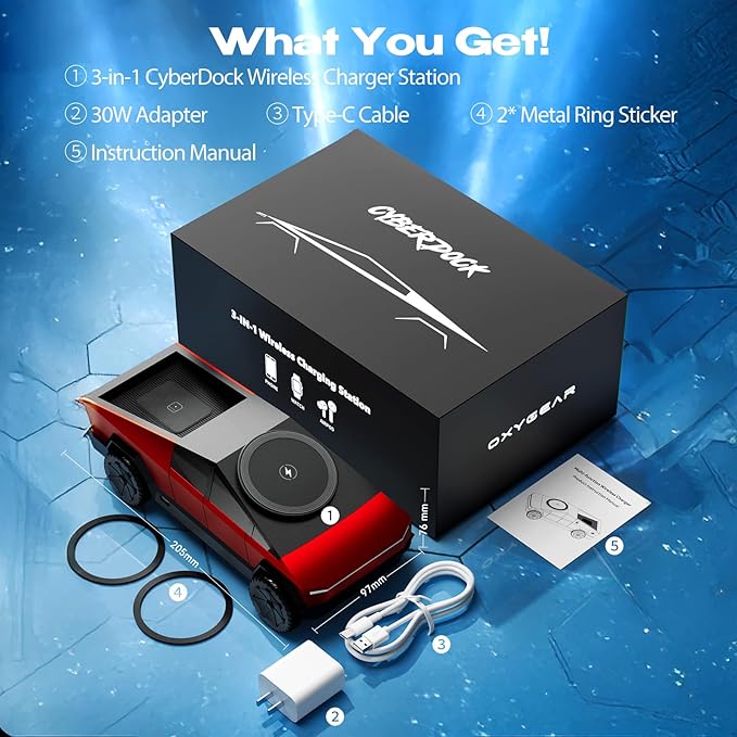 CyberDock 3-in-1 Wireless Charging Station for iPhone with Car Model 1:25 Scale, Qi2 Certified Mag-Safe Charger for iPhone iWatch AirPods, Rotating Charger with Ambient Light, 30W Adapter, Red