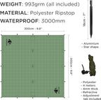 Camping Tarp 10x10 ft (3x3 m) Waterproof Lightweight Rain Fly - Backpacking, Hammock Shelter, Emergency Survival Tent, Durable, Compact All-Weather Cover