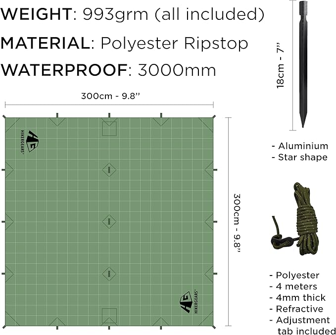 Camping Tarp 10x10 ft (3x3 m) Waterproof Lightweight Rain Fly - Backpacking, Hammock Shelter, Emergency Survival Tent, Durable, Compact All-Weather Cover