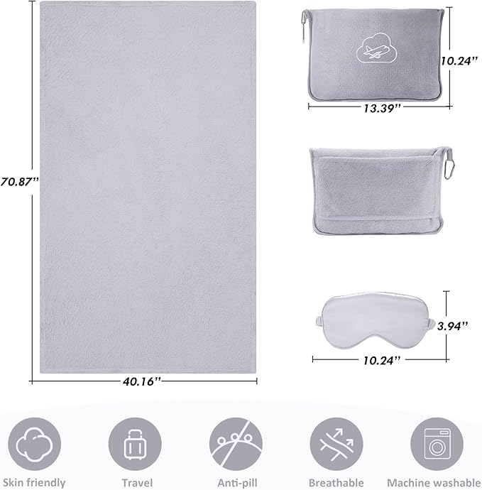 Travel Blanket, Ultra-Soft, Warm & Lightweight Travel Blanket Airplane with Bag, 65x40 in, Airplane Travel Essentials for Women, Men & Kids, Included Eye Mask, Luggage Sleeve & Backpack Clip
