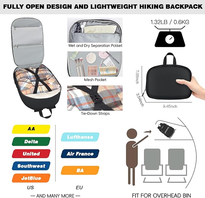 Seektop 40L Hiking Backpack Foldable Daypack for Women Men, Lightweight Travel Backpack Carry on Flight Approved Work Business Leisure Bag (Black)