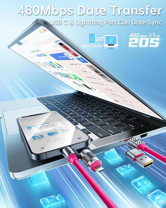 4 in 1 USB C Cable 100W 5FT Fast Charging & Data Transfer, Thicker Silicone Multi Charger Cord for iPhone iPad Charger Wire Combo with L/Type C/USB A for iPhone 16/15/Macbook (Pink)