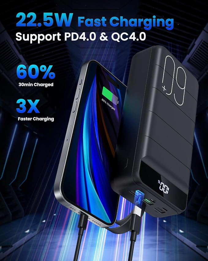 Portable Charger 60000mAh Power Bank - 22.5W Fast Charging Battery Pack USB C with 4 Outputs & 3 Inputs LED Display, Huge Capacity External Cell Phone Charger for iPhone, Samsung Galaxy, iPad etc
