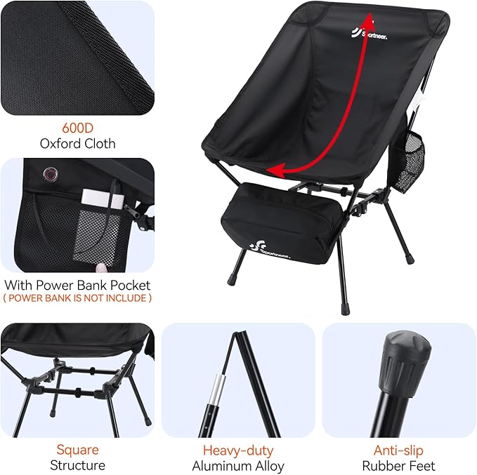 Sportneer Heated Chairs Outdoor Sports: Heated Camping Chair with USB Plug & 3 Heating Levels - Portable & Compact Heated Chair for Backpacking, Camping, Lawn, Picnic, Travel (Power Bank Not Included)