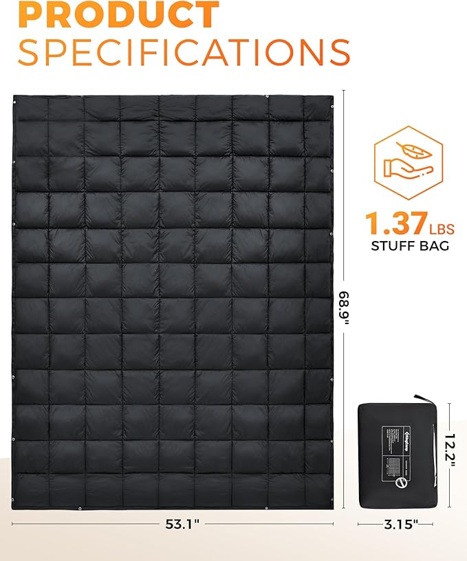 KingCamp Ultralight Camping Blanket, Packable Down Alternative Puffy Wearable Blankets Weatherproof Warm Package Quilt with Snap Buttons for Outdoor Hiking Travel Picnic Stadium (69"L x 53"W, BLACK)